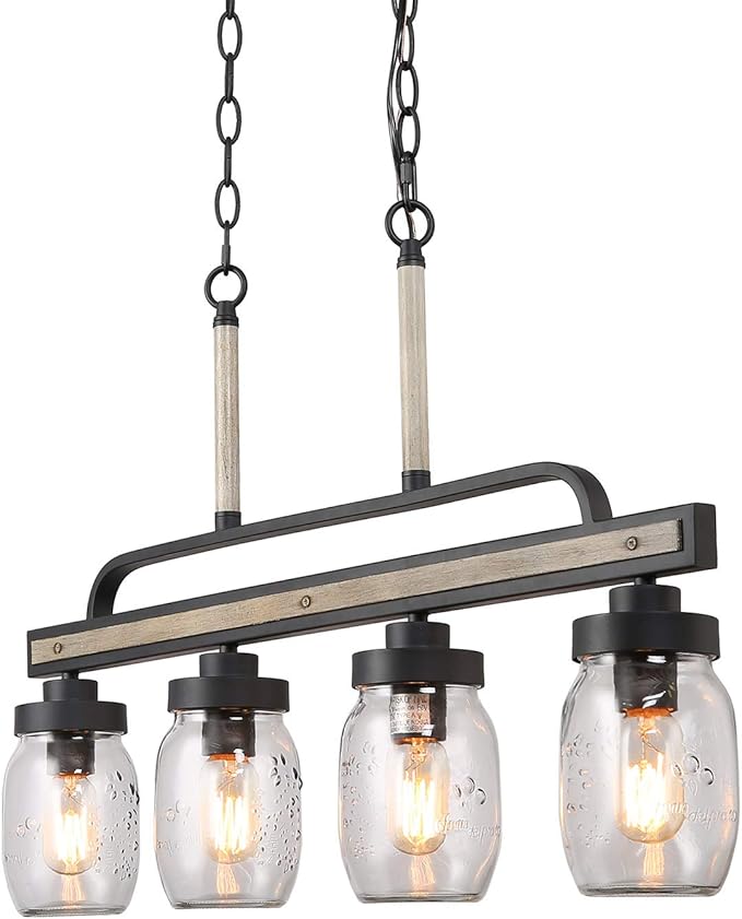 LOG BARN Rustic Mason Jar Lights, Farmhouse Chandelier Metal Finish with Glass Shades, Linear Hanging Pendant for Kitchen Island, Dining Room