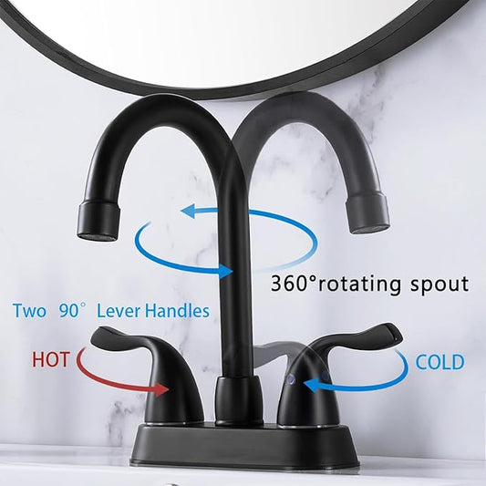 HOTIS Matte Black 4-Inch Centerset Bathroom Faucet, 2-Handle 3-Hole Sink Faucet with Pop-up Drain & Supply Lines