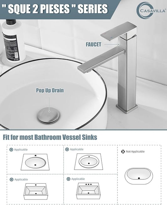 Bathroom Faucets, Brushed Bathroom Sink Faucet Set with Pop Up Drain, Single Hole Single Handle High Barrel Sink Vanity Faucet, Stainless Steel Lead-Free