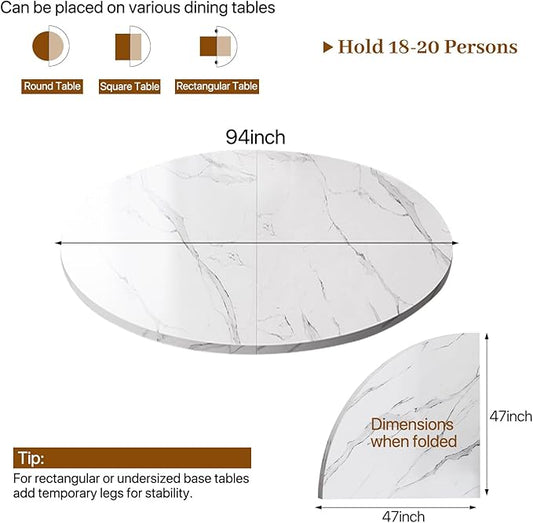 Wood Round Foldable Table Top Only Large Portable Tabletop for Desktop Transformation 47 51 55 59 63 71 inch 4-Fold Folding Round Table Top Extender Space Saving for Family Dinners(White Marble,94")