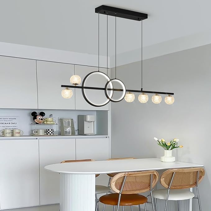 ORANOOR Modern Black Gold Chandeliers for Dining Room, 47in Dimmable LED Chandelier Linear Pendant Light for Kitchen Island, Upgraded 6 Globe Hanging Pendant Chandelier Lighting (2 Rings, 4200lm)