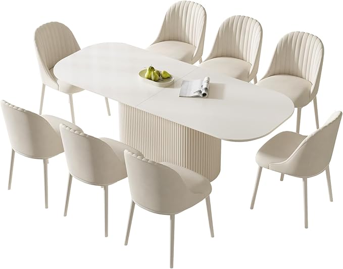 Miuuod 86.61" 9-Piece Oval Dining Table Set with 8 Upholstered Chairs Minimalist Kitchen Furniture Large Family Gathering for Dining Room,Home Office,Living Room Furniture,Cream White