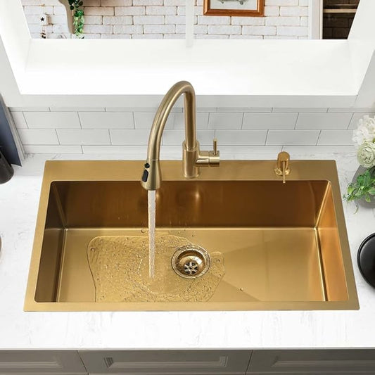 33 Inch Gold Drop In Kitchen Sink -Wesliv 33x22 Inch Gold Kitchen Sink Stainless Steel 18 Gauge 9 Inch Single Bowl Deep Sink with Soap Dispenser & Dish Grid