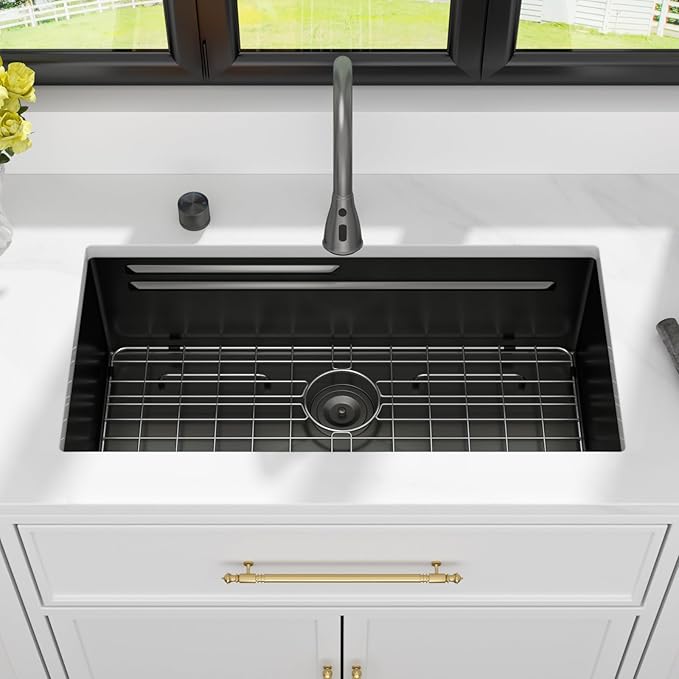 Kichae 32 Undermount Waterfall Kitchen Sink - 32 Inch Black Undermount Sink Ledge Workstation 16 Gauge Stainless Steel Deep Single Bowl Under Counter Handmade Basin with Faucet Combo & Wash Basin