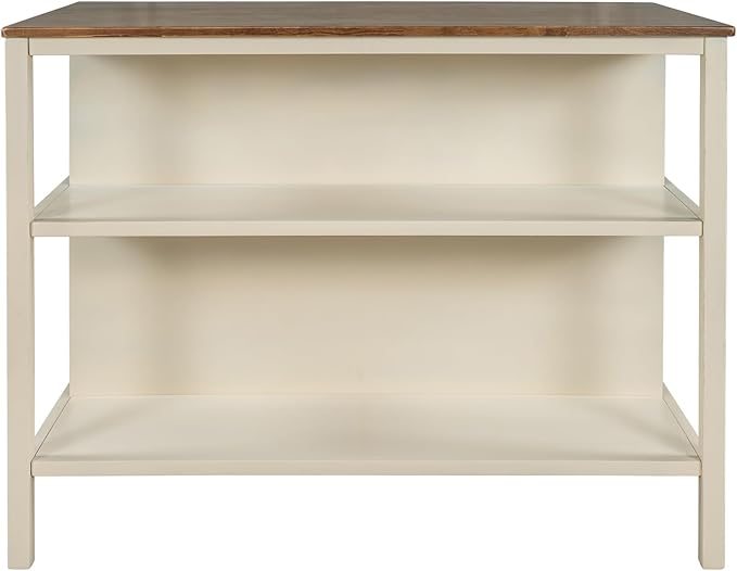 3-Piece 45" Stationary Kitchen Island Set with 2 Seatings, Butcher Block Dining Table with 2 Stools Prep Table Set with 2 Open Shelves Dining Room Table Set for Bar, Living Room, Walnut+Cream White