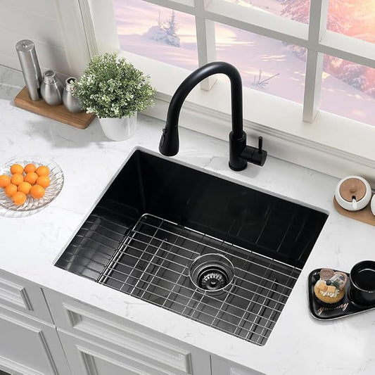 Black Stainless Steel Undermount Laundry Sink-Hovheir 24x19x12 Deep Undermount Stainless Steel Utility Sink Matte Black 16 Gauge Single Bowl Laundry Room Sinks Outdoor