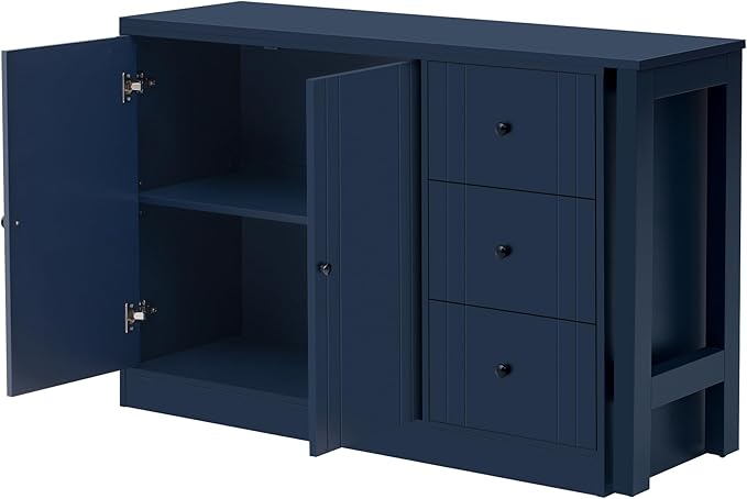 JIJIWANG 89.7'' Wooden Sideboard with Extendable Table,Multifunctional Storage Kitchen Island with 2 Doors and 3 Drawers,for Living Room,Study,Foyer and Kitchen, Navy Blue