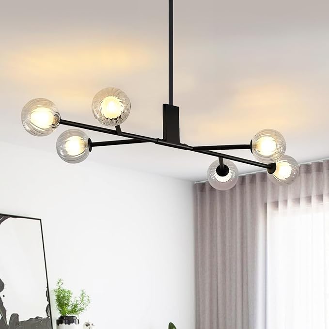 Modern Black Sputnik Island Light, 6-Light Glass Linear Chandelier for Dining Room, 46'' Ceiling Pendant Light Fixture with Globe Lampshade, Large Hanging Lamp Over Table, Bar, G9 Base