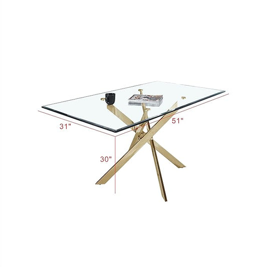 51" Glass Dining Table for 4-6, Modern Dining Room Table with 0.39" Tempered Glass Top and Cross X-Shaped Gold Stainless Steel Base, Rectangle Kitchen Dinner Table for Dining Room