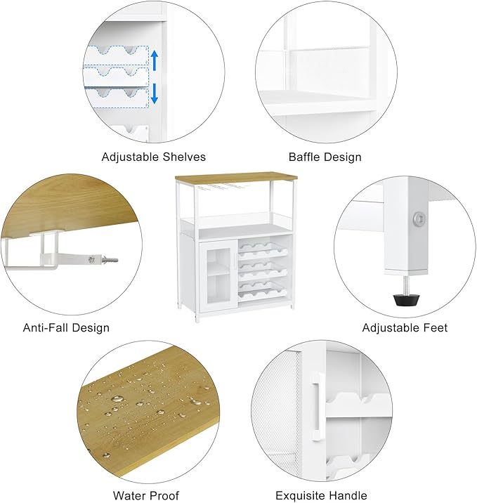 GAOMON Coffee Wine Bar Cabinet with Storage and Detachable Rack, Farmhouse Sideboard and Buffet Cabinet with Glass Holder and Mesh Door, Liquor Coffee Bar Cupboard, White