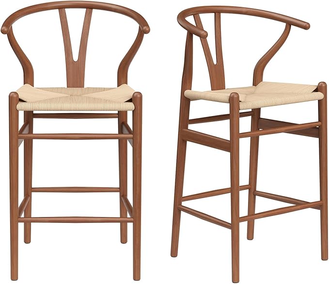 Modern Dining Chairs with Natural Weave Seat - Sturdy Construction Bar Stools for Kitchen Island, Versatile Use in Dining Room and Bedroom, Stylish Simple Design Comfortable Fully Assembled,Walnut-Rat