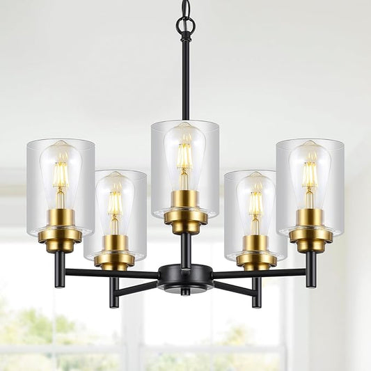9MMML 5 Lights Glass Chandelier,Modern Kitchen Island Lighting Black and Gold Metal Dining Room Light Fixture for Living Room Foyer,E26