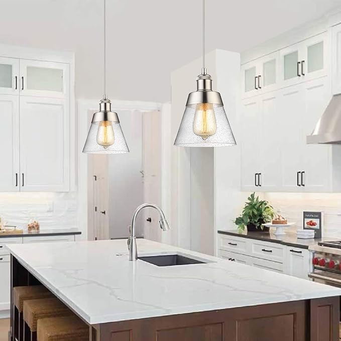 Modern Glass Pendant Light with Handblown Clear Seeded Glass Shade, One-Light Adjustable Industrial Mini Pendant Lighting Fixture for Kitchen Island Cafe Bar, Brushed Nickel