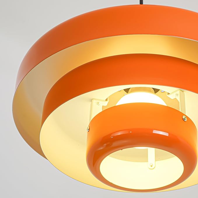 FCTWAKS Plug in Pendant Light, Mid Century Orange Hanging Lights with Plug in Cord, 3-Layer Metal Shade, Adjustable Pulley, Dimmable, Vintage Hanging Lamp for Bedroom, Kitchen Island, Dining Room