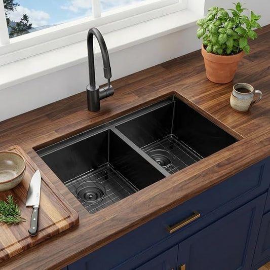 LQS 32 Inch Black Kitchen Sink, Undermount Kitchen Sink Black with Abundant Workstation Accessories, 10” Deep Enough and 50/50 Double Kitchen Sink for Food Prep and Dish Rinsing