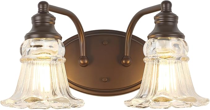 2-Light Bathroom Light Fixtures Over Mirror, Vintage Vanity Lights with Clear Floral Glass Shades, Oil Rubbed Bronze