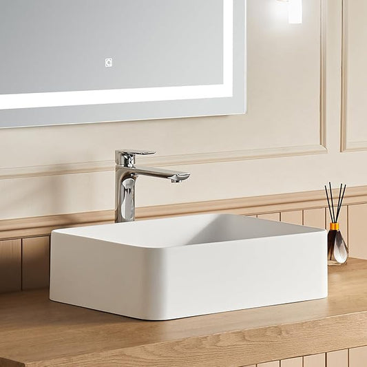 Cpingao 16" x 13" Bathroom Vessel Sink, Rectangle Basin Above Counter White Stone Resin Small Vanity Sink Washing Art Sinks With Pop-up Drain