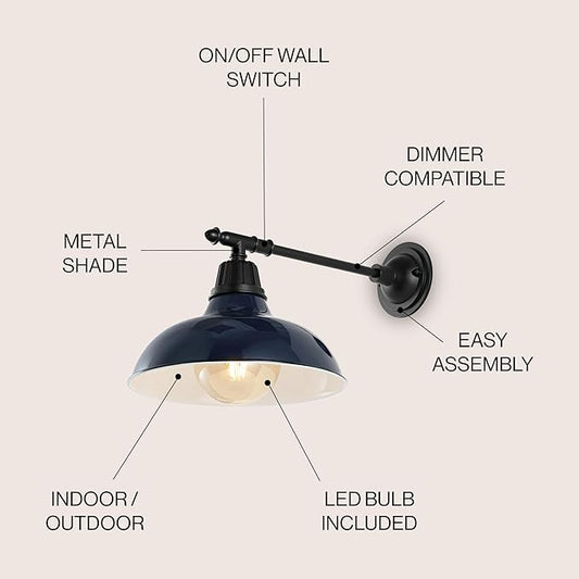 JONATHAN Y 12.25" Navy/Black 1-Light Industrial Farmhouse Outdoor Sconce, Iron Wall Light with LED Bulb, Metal Bowl Shade, Vintage Porch Lamp for Entryway Patio Kitchen (JYL7615C)