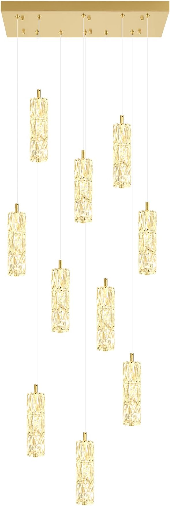 ykolupty Modern Crystal Chandelier 10-Lights Rectangle Pendant Light LED Dimmable Gold Linear Chandelier Flush Mount Crystal Pendant Light for Living Room Dining Room Foyer