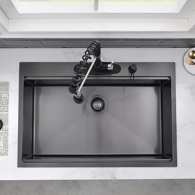 28 Inch Black Kitchen Sink Drop In Workstation-VASOYO 28x20 Inch Drop In Kitchen Sink 16 Gauge Gunmetal Black Stainless Steel Deep Single Bowl Topmount Sinks with Cutting Board