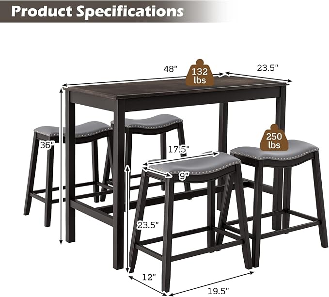 Giantex Dining Table Set for 4, Kitchen Counter Height Table w/ 4 Stools, 5 Piece Bistro Table Set, Rubber Wood Pub Dinette Set w/Upholstered Stools, Space-Saving Table Set for Small Spaces (Black)