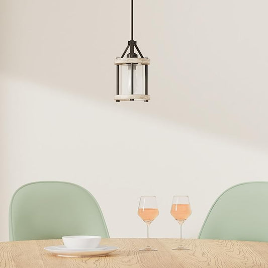 Farmhouse Pendant Light, Rustic White Wood and Metal Cage Hanging Light Fixtures with Glass, 43 Inch Adjustable for Flat and Slop Ceiling, Pendant Lighting for Kitchen Island Foyer Hallway
