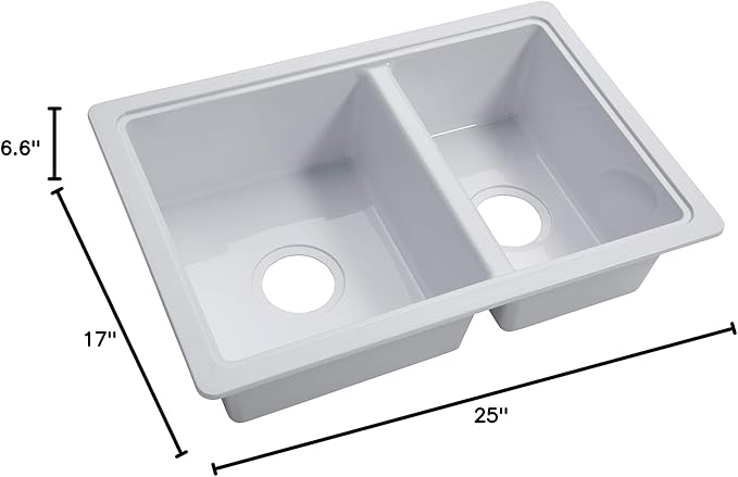 Lippert RV Double Kitchen Galley Sink - 25" x 17" x 6.6" - White — Durable, Space-Saving Sink for RVs and Manufactured Homes - Scratch-Resistant ABS Acrylic - Lightweight and Easy to Install — 809030
