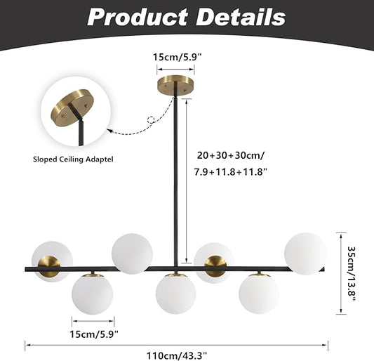 KCO Lighting Black and Brass Linear Pendant Light Mid Century Modern Sputnik Chandelier 7 Lights Milk Glass Globe Kitchen Island Pendant Lighting for Dining Room Living Room