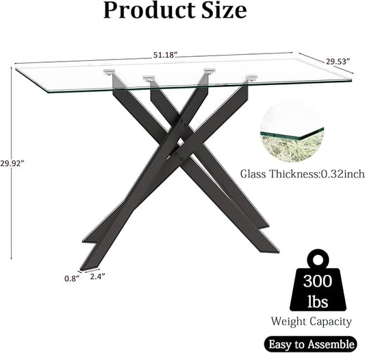 51inch Modern Dining Table for 4, Glass Kitchen Dining Room Table for 4, 0.32" Rectangular Tempered Glass Tabletop and Black Metal Legs,Rectangle Clear Glass Table for Kitchen, Dining Room