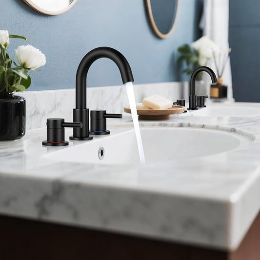 FGKQ Black Bathroom Sink Faucet 3 Hole 2 Packs, Bathroom Faucets for Sink 3 Hole with Metal Pop Up Drain, Widespread Vanity Faucet with Supply Lines