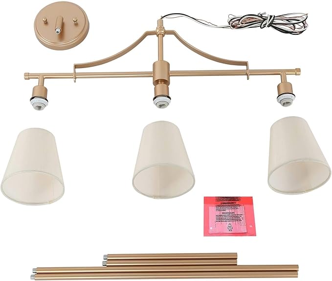KSANA Brushed Gold Chandelier, Modern 3-Lights Linear Island Light Fixtures with Fabric Shades for Dining Room, Foyer, Bedroom and Living Room