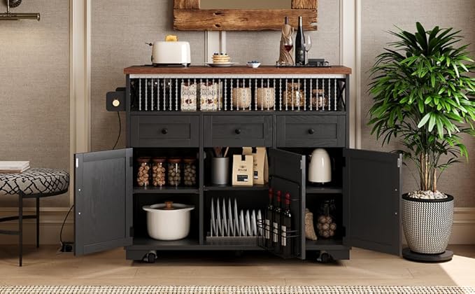 Ball & Cast 46.5" Kitchen Island with Drape of Beads&Power Outlet,Rolling Kitchen Cart on 5 Wheels W/ 3 Drawers,Kitchen Storage Cart W/Internal Iron Shelf&Towel Rack,for Kitchen,Dining Room,Black