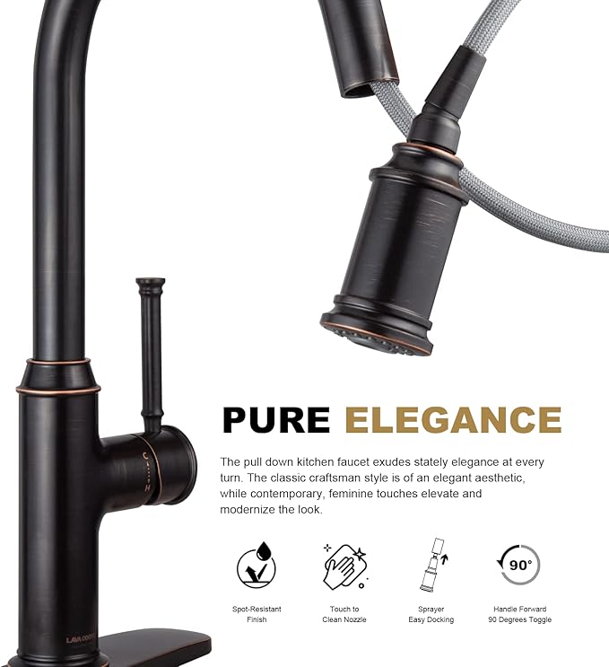 Lava Odoro Oil Rubbed Bronze Kitchen Faucet with Pull Down Sprayer, Single Handle Kitchen Sink Faucet Bronze Faucet for Kitchen Sink 1 Hole and 3 Hole, Deck Plate Included, KF421-ORB