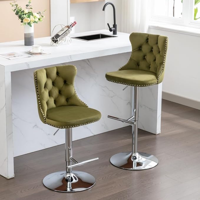 17.7 inch Base, Modern Upholstered Bar Stools with Backs Comfortable Tufted for Home Pub and Kitchen Island,Gray,Set of 2 (Foam + Olive Green + Velvet)
