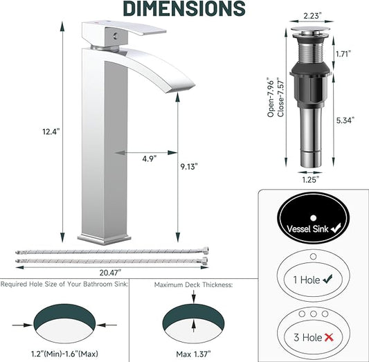Chrome Vessel Sink Faucet, Greenspring Waterfall Bathroom Faucets, Tall Spout Single Handle Single Hole Bathroom Faucets with Pop Up Drain and Without Overflow Basin Faucet Supply Line