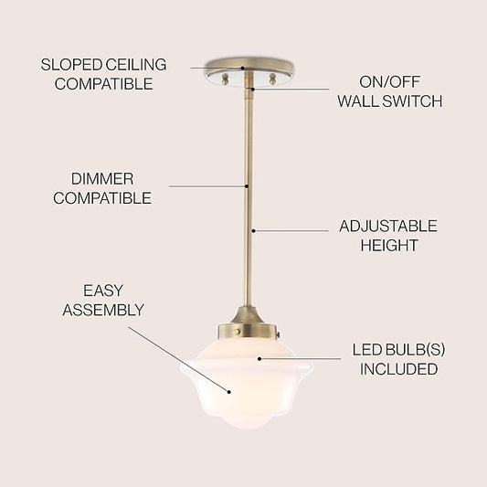 JONATHAN Y 7.2" Brass Gold Modern Schoolhouse LED Pendant Light Fixture, Adjustable Drop Metal Hanging Lamp with White Glass Shade for Kitchen Island, Dining Room, Foyer JYL3516A