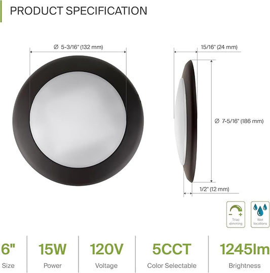 ASD 6 Pack LED Disk Lights 6 Inch, 15W 5CCT 2700K-5000K 1245LM CRI90+, Dimmable Flush Mount Ceiling Light Fixture, Low Profile Surface Mount Disc Lights, Junction Box or Recessed Can Install, UL