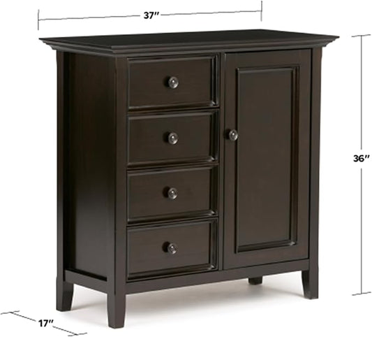 SIMPLIHOME Amherst 37-inch Wide Solid Wood Transitional-Style Storage Cabinet in Hickory Brown, Cabinet with 4 Drawers and Adjustable Shelves for Living Room or Entryway