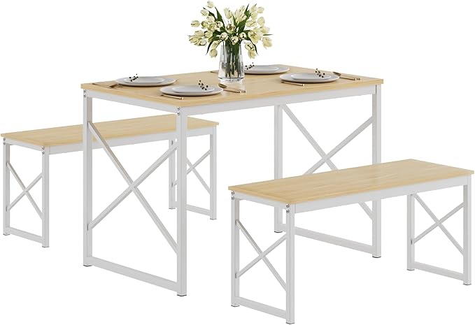 VECELO Kitchen Dining Table Benches Set for 4, 43.3" Wooden Dinette with 2 Benches, Heavy-Duty Dining Room Table for Small Space, Breakfast Nook, Natural Oak