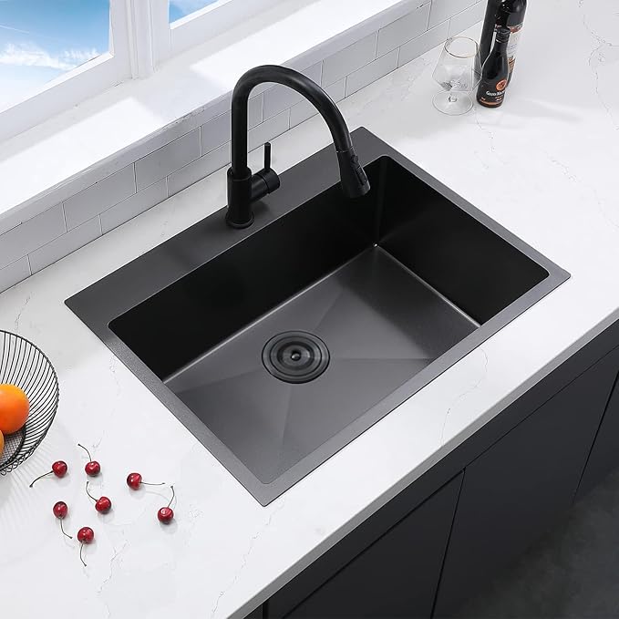 VCCUCINE 28x18 Inch Black Top Mount Drop in Kitchen Sink, Gunmetal Black Modern Square Single Bowl Stainless Steel Basin Topmount Kitchen Sink,16 Gauge Overmount Metal Laundry Sink with Strainer