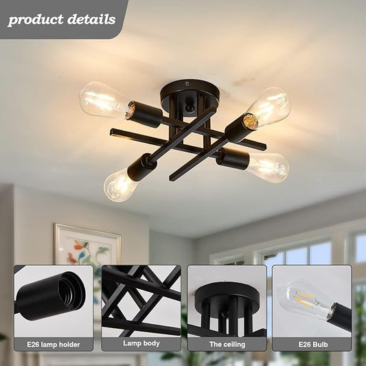 ZGLAOJT 4-Light Semi Flush Mount Ceiling Light Fixture 2 Pack Ceiling Light Matte Black with E26 Base Modern Light for Porch Bedroom Hallway Kitchen Farmhouse