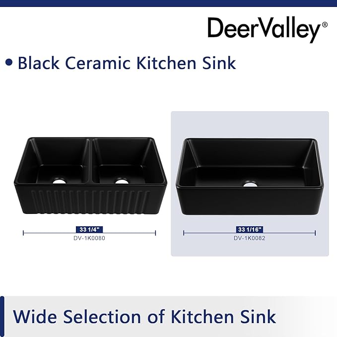 DeerValley Black Farmhouse Workstation Sink 33 Inch, Fireclay Apron Undermount Single Bowl Kitchen Sink with Accessories