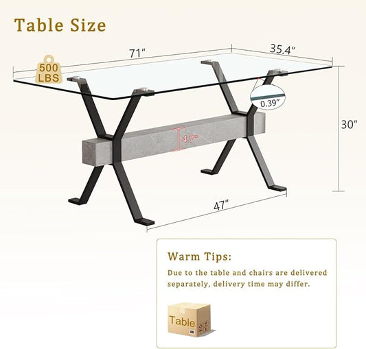 Glass Dining Table 71"|Modern Dining Table for 6|0.4" Thick Tempered Glass Top|Matte Black Metal Legs|Grey Crossbar|Easy Assembly|Perfect for Dining Room or Kitchen