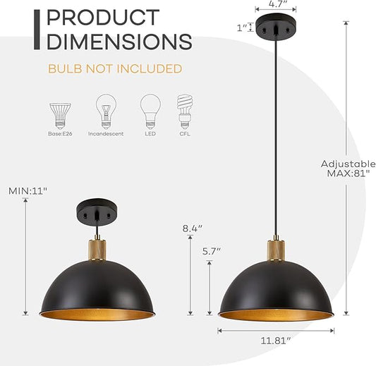 12 Inch Black Dome Pendant Lights for Kitchen Island, Height Adjustable Farmhouse Industrial Hanging Light Fixtures Over Table for Dining Room, Entryway, 1 Pack