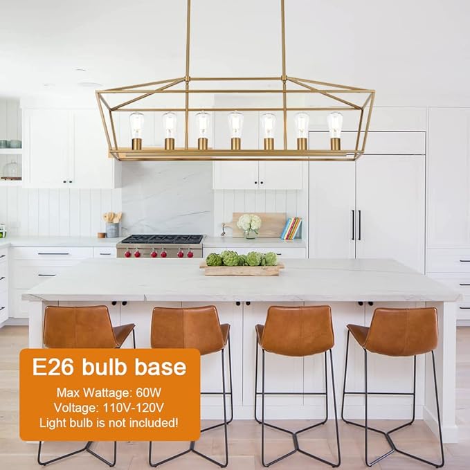 VINLUZ Gold Chandelier, Modern 7 Lights Metal Light Fixture for Dining Room Farmhouse Metal Kitchen Island Lighting Large Rectangle Hanging Pendant Lighting for Living Room Foyer Bedroom