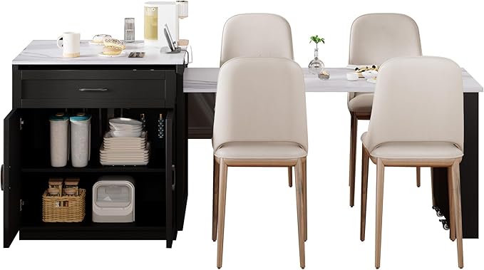 82.7" Kitchen Island with Extendable Dining Table for 4-6, Faux Marble Mobile Kitchen Cart with Power Outlet, Large Storage Island with 2 Storage Compartment, 2 Side Shelves & Spice Rack