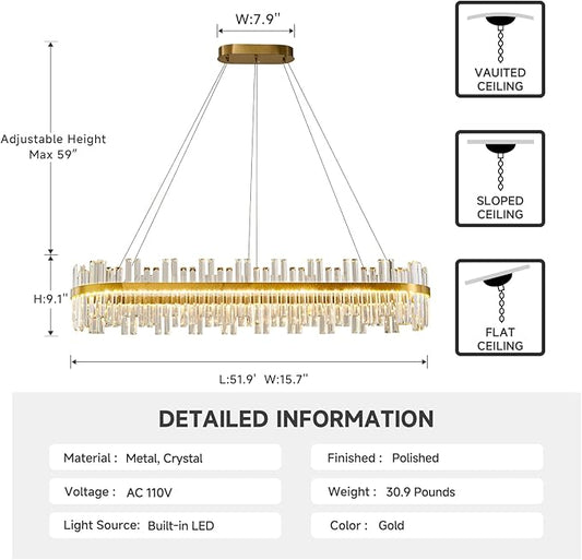 Gold Led Modern Crystal Chandelier: 52" Rectangle Linear 3 Color Dimmable Large Chandelier for Dining Room Over Table - Luxury Rectangular Contemporary Oval Light Fixture for Living Room Bedroom Foyer