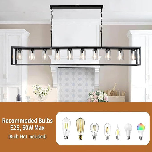 Farmhouse Dining Room Light Fixture Kitchen Island Pendant Lighting Rectangle Black Dining Room Lighting Fixture Modern Pendant Contemporary Chandeliers with Glass Shade Adjustable (10 Light)