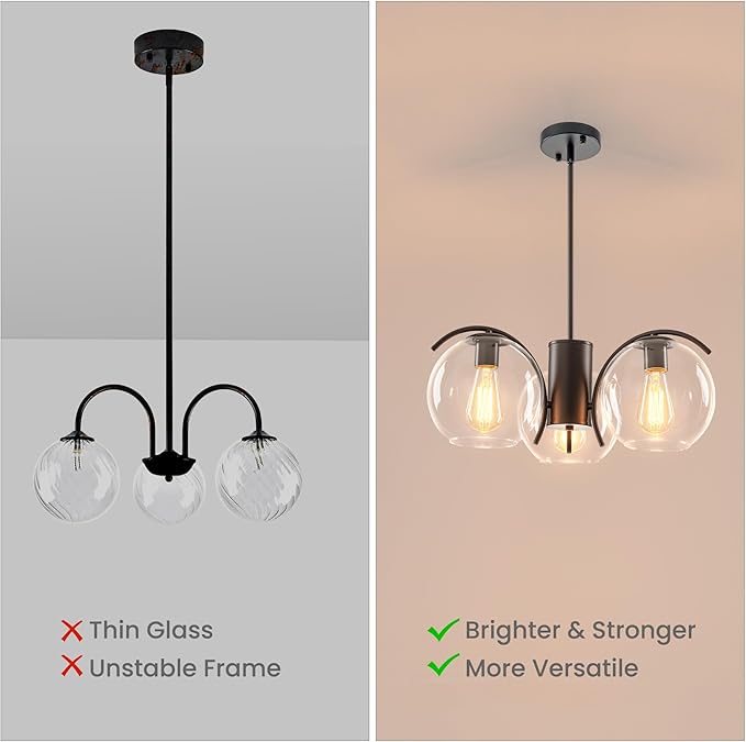 3-Light Black Chandelier with Downward Arched Arms, Modern Farmhouse Pendant Light Fixture with Clear Glass Globe Shades, Ceiling Lighting for Dining Room, Bedroom and Foyer
