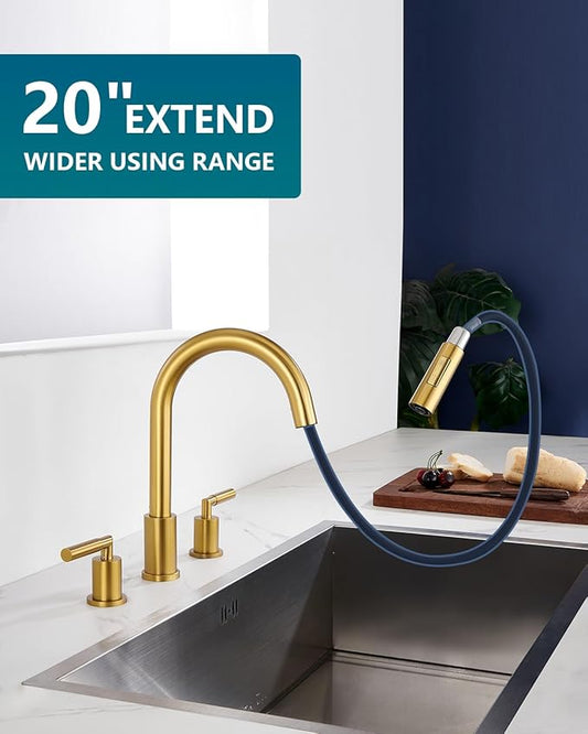 Tohlar Gold Kitchen Faucet with Pull Down Sprayer, 2 Handle Kitchen Faucet, 3 Hole Kitchen Sink Faucets Brushed Gold Stainless Steel Faucet for Kitchen Sink